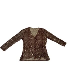 Nine West Brown Patterned Wrap Blouse Long‎ Sleeve Tie Waist Top Large